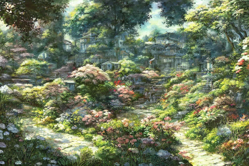 Prompt: A landscape of a garden, hidari, color page, tankoban, 4K, tone mapping, Akihiko Yoshida, tone mapping, highly detailed, super wide angle