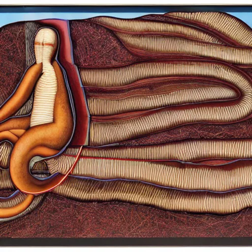 Prompt: constructivist by mati klarwein, by alex maleev, by malcolm teasdale tender. a land art of the human intestine in all its glory. each section of the intestine is labelled, & various items & creatures can be seen inside, such as bacteria, food particles, & even a little mouse.