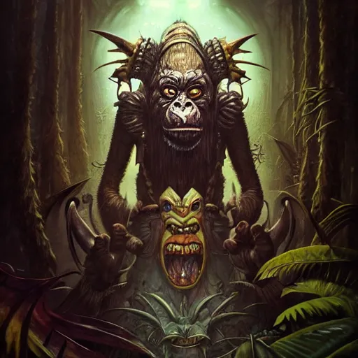 Image similar to first person view of barong family member, wiwek, mara demon, one single tribe member, jungle, one single mask, dark, ancient warrior, gorilla, lizard, tribal, inner glow, paint by peter mohrbacher