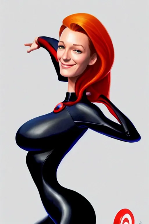 Image similar to blake lively as elastic girl from the incredibles, highly detailed, digital painting, trending on artstation, concept art, sharp focus, illustration, art by artgerm and greg rutkowski and fuji choko and viktoria gavrilenko and hoang lap