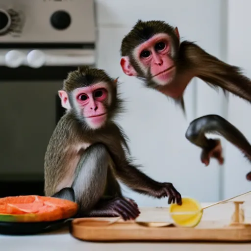 Prompt: funny photo of two monkeys having fun in the kitchen