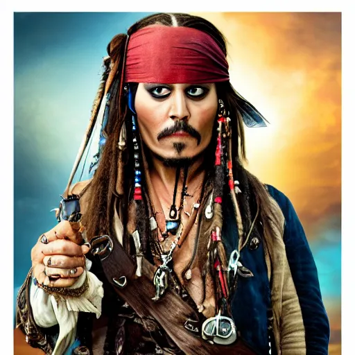 Prompt: johnny depp as jack sparrow with a parrot on the shoulder, realistic portrait, 8k resolution, hyper detailed, studio lighting, cinematic