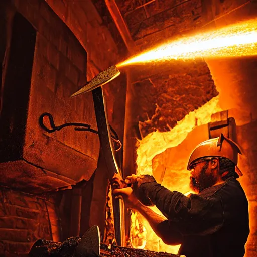 Image similar to A blacksmith creating a magical sword in a furnace, sparks and embers flying, intense heat, professional photographer, 50mm lens, studio lighting, Award-Winning, No blur, highly detailed, intimate, close up, art by Michael Whelan