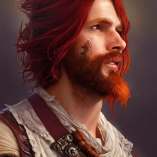 Image similar to portrait of a young pirate, male, rugged, masculine, handsome, upper body, red hair, long hair, D&D, fantasy, intricate, elegant, highly detailed, cinematic lighting, digital painting, artstation, concept art, cutscene, sharp focus, illustration, art by Artgerm and Greg Rutkowski and Alphonse Mucha