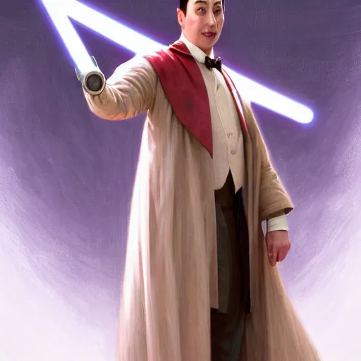 Prompt: Pee-Wee Herman playing a Jedi Knight, cinematic lighting, intricate, elegant, highly detailed, digital painting, artstation, smooth, sharp focus, illustration, art by artgerm and greg rutkowski and alphonse mucha and Wayne Barlowe and william-adolphe bouguereau