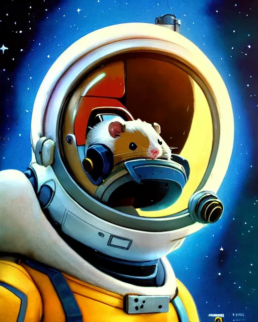 Image similar to wrecking ball the hamster from overwatch, dressed as an astronaut, character portrait, portrait, close up, concept art, intricate details, highly detailed, vintage sci - fi poster, retro future, in the style of chris foss, rodger dean, moebius, michael whelan, and gustave dore