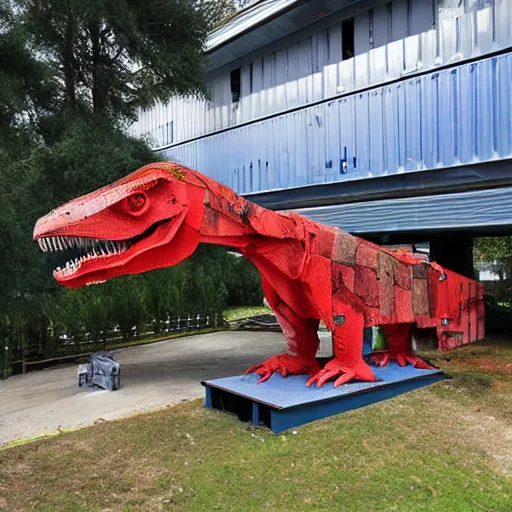 Image similar to photograph of a tyrannosaurus made of shipping containers, recycled shipping container sculpture