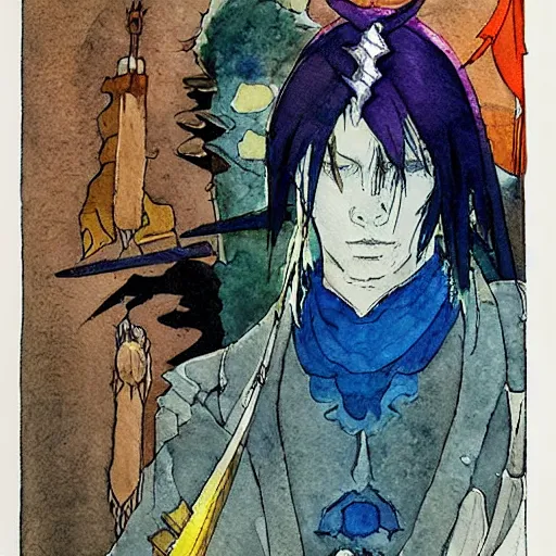 Prompt: watercolor, final fantasy tactics character, barbarian on mars, artwork by harry clarke
