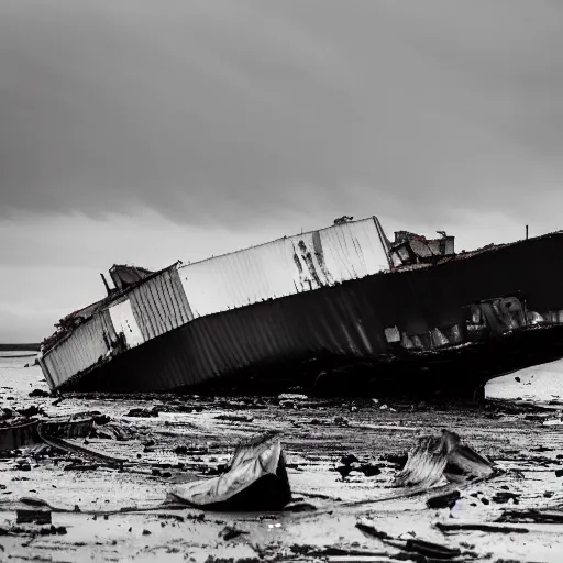 Prompt: crashed cargo ship leaking mysterious black gooey liquid, mysterious black slime, black gooey liquid leaking out of crashed cargo ship, apocalyptic, ruined, container ship, crashed, 8 5 mm f / 1. 4