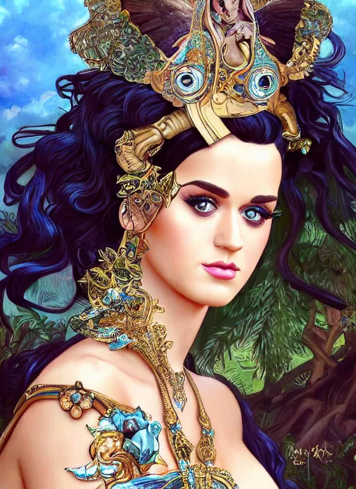 Image similar to Katy Perry as a Greek Goddess, beautiful detailed eyes, cute, fantasy, intricate, elegant, highly detailed, digital painting, 4k, HDR, concept art, detailed jewelry, smooth, sharp focus, illustration, art by Artgerm, H R Giger and Alphonse Mucha