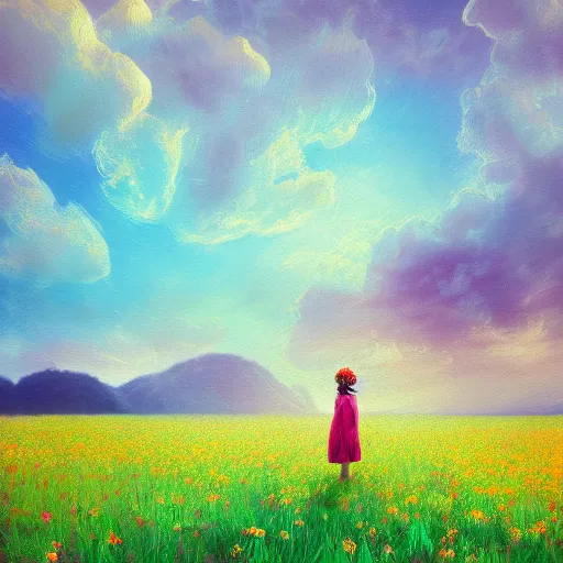 Prompt: girl with a blooming flower head, surreal photography, dream, standing in flower field, magical, in a valley, sunrise dramatic light, impressionist painting, colorful clouds, artstation, simon stalenhag, flower face