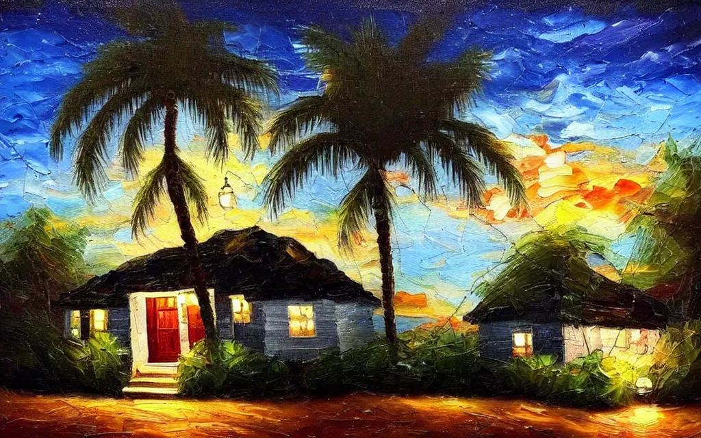Image similar to a very very small island! with a paved patio!!, cute cozy large cottage!! and string lights!!!, palm trees, dark very late evening cloudy, dramatic and dynamic lighting, thick brush strokes oil impasto painting