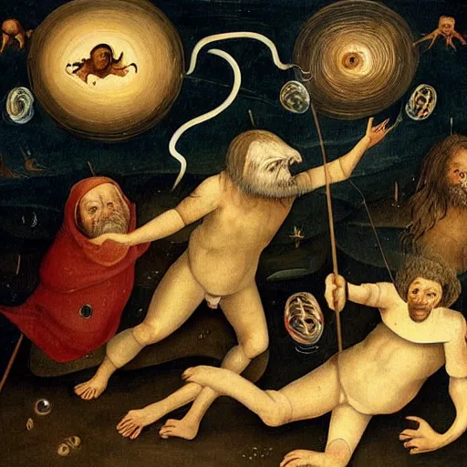 Image similar to beautiful painting of eldricht zooplancton monsters orbiting around the psyche of a sleeping man in the style of Hyeronimus Bosch