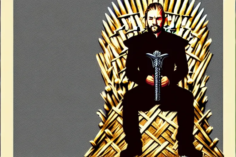 Image similar to man sitting, on a throne made of money, in the style of alex ross, game of thrones