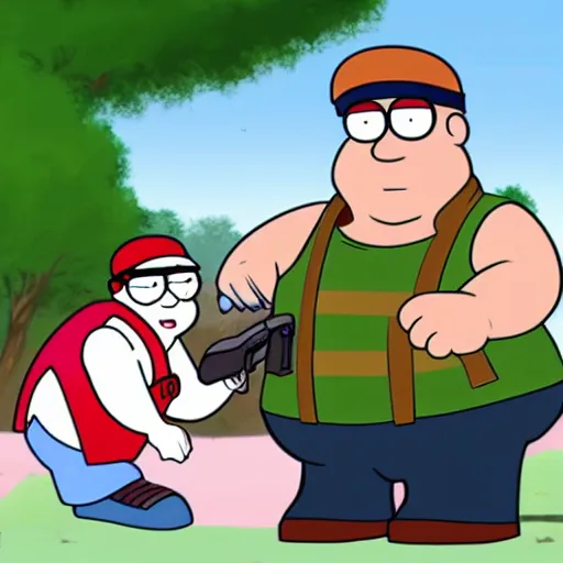 Prompt: peter griffin shooting meg griffin with a tank in the style of anime
