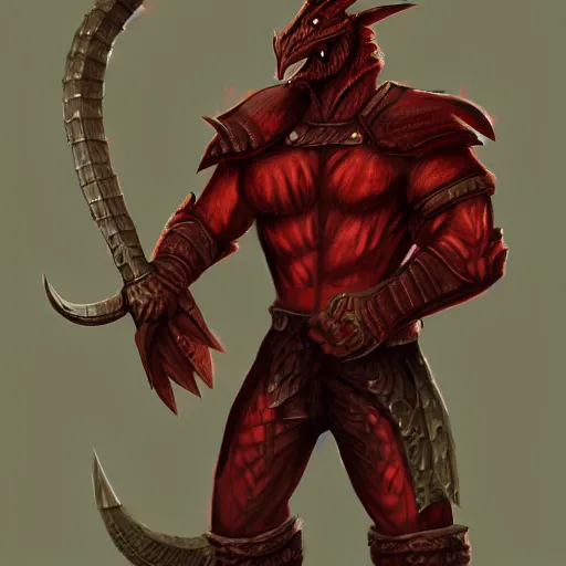 Prompt: red scaled male dragonborn wearing rogue outfit, muscular, wielding two daggers, fantasy, digital painting, cell shading, sharp, smooth focus