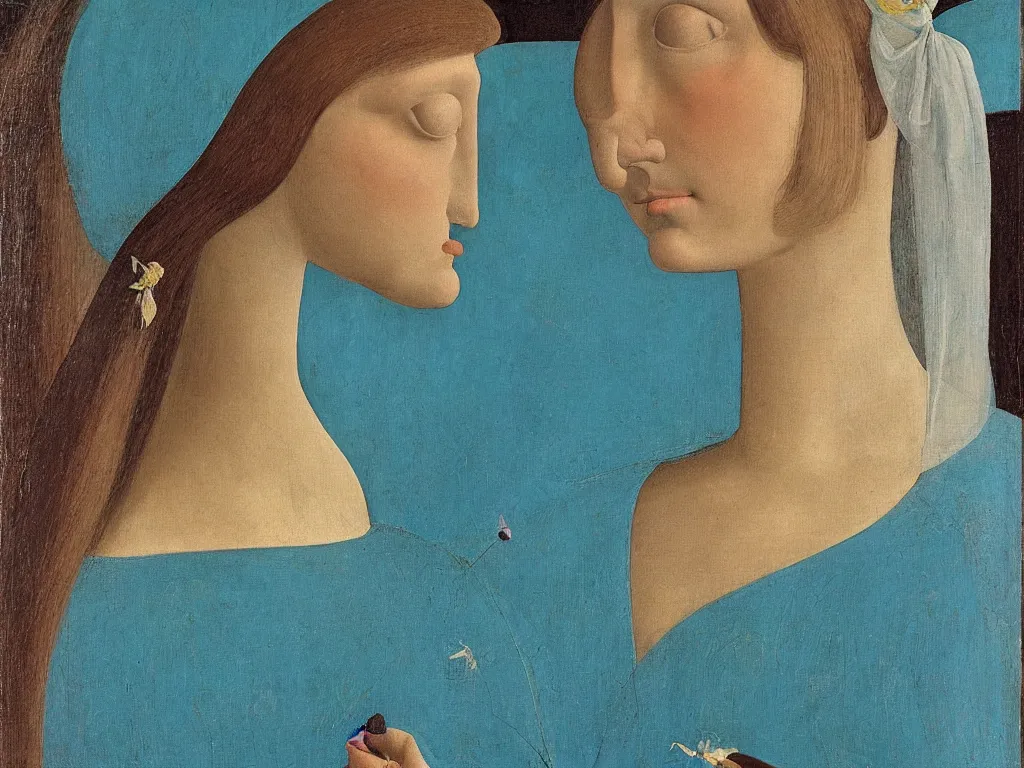 Image similar to portrait of a woman head with open mouth, with close up iris flower. turquoise, gold. painting by piero della francesca, balthus, agnes pelton