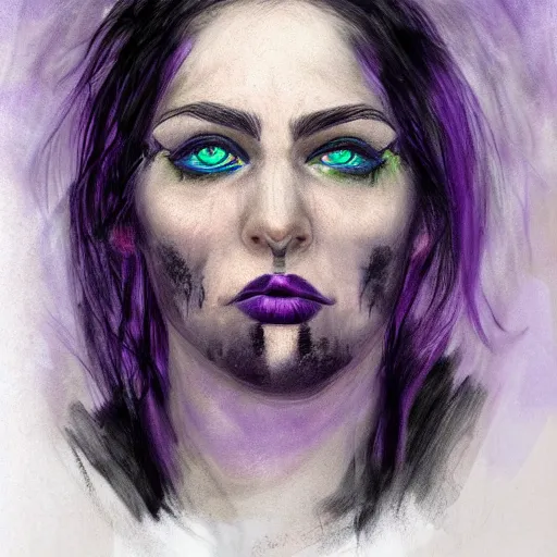 Prompt: Realistic portrait of a mage with black lips and purple eyes.