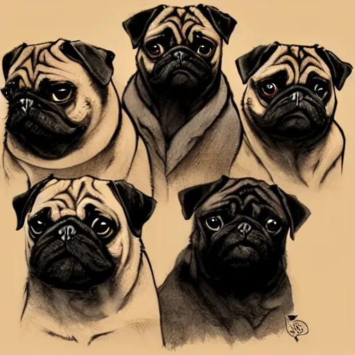 Image similar to self portrait showing family of pugs by yoji shinkawa, extra details, colored, 4 k, dynamic lighting