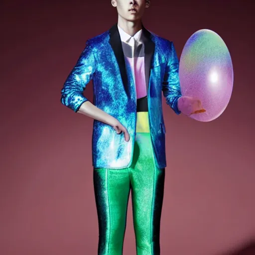 Prompt: a giant iridescent soap bubble in front of a beautiful athletic slim young korean male dressed by alexander mcqueen, photographed by erwin olaf for an art gallery