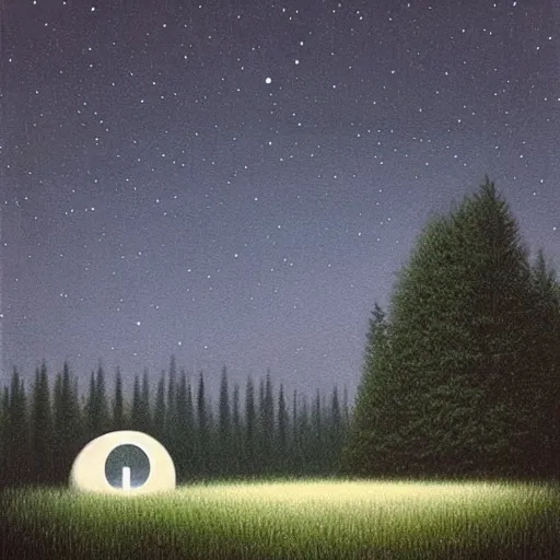 Image similar to painting by by Quint Buchholz, atmospheric cozy futuristic organic white concrete house in the middle of a lush and dense forest at night, a beautiful lake next to it, night time, night sky, starry night sky, by Quint Buchholz