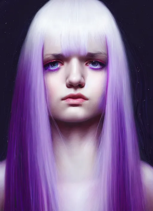 Image similar to hair whitebangs hair, black hair, whitebangs, portrait of teenage girl with white bangs, red irises, purple clothes, white bangs, bangs are different color from hair, intricate, elegant, glowing lights, highly detailed, digital painting, artstation, concept art, smooth, sharp focus, illustration, art by wlop, mars ravelo and greg rutkowski