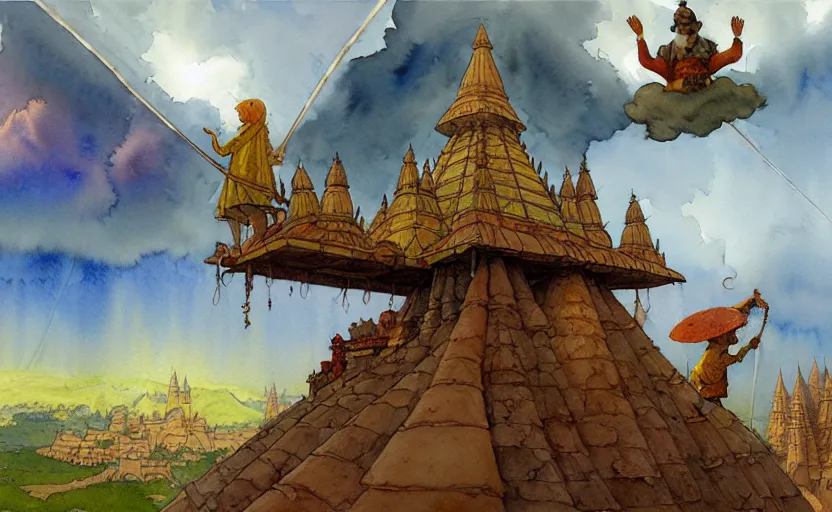 Prompt: a hyperrealist watercolor concept art of an indian vimana in the sky above a small medieval town during a thunderstorm. a dirty medieval peasant child is in the foreground pointg up at the sky. very muted colors, by rebecca guay, michael kaluta, charles vess. high detail, hq, wide shot, 4 k