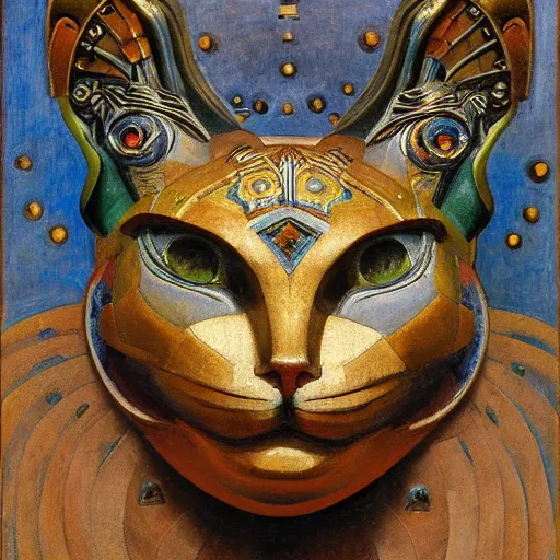 Image similar to masterpiece sculpture of an ornate bejeweled mechanical cat head, by annie swynnerton and diego rivera and nicholas roerich and jean delville, symbolist, dramatic lighting, god rays, elaborate geometric ornament, art brut, rich colors, smooth, sharp focus, extremely detailed, adolf wolfli and ( donato giancola )