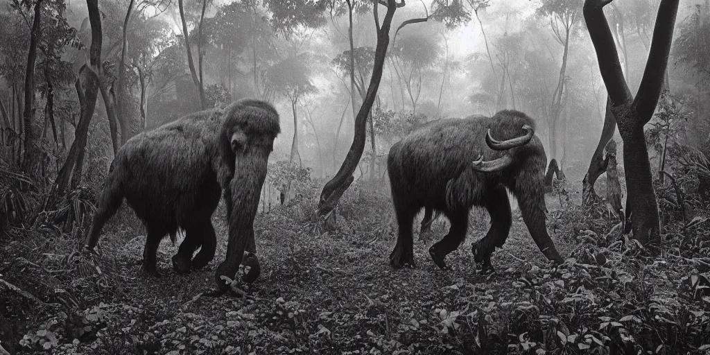 Prompt: a Sebastião Salgado's photograph of a mammoth walking in a dense tropical forest, 4k, award wining