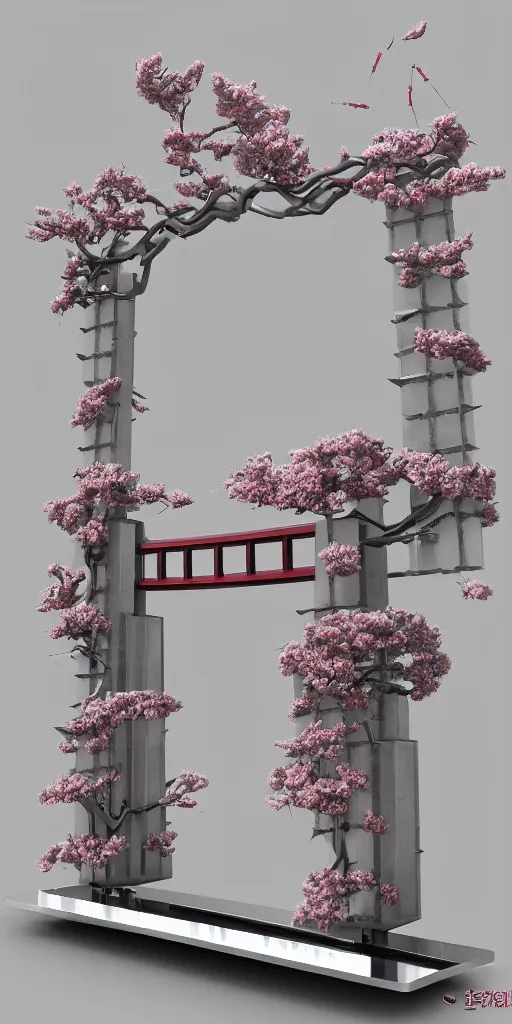 Image similar to 3 d photographic render of melting japanese torii gate and sakura flowers sculpture made of chrome, chrometype, made of liquid metal, neotribal with thorns and thunders, cyberpunk, raytracing, fov, hyper realistic, volumetric lightning, 8 k, by zhelong xu and ouchh studio