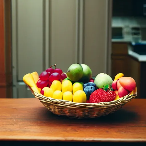 Prompt: a fruit basket on top of a kitchen table, 35mm