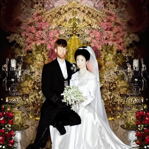 Prompt: A wide full shot, colored black and white Russian and Japanese mix historical fantasy a photograph portrait taken of inside a royal wedding floral covered venue inspired by a enchanted ethereal forest, 1907 photo from the official wedding photographer for the royal wedding.