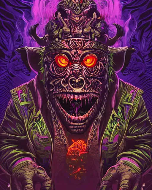 Image similar to barong family member, wiwek, mara demon, music, smoke from eyes, background red smoke with purple lightning, one single tribe member, jungle, one single mask, dark, ancient warrior, gorilla, lizard, inner glow, art by dan mumford and justin gerard