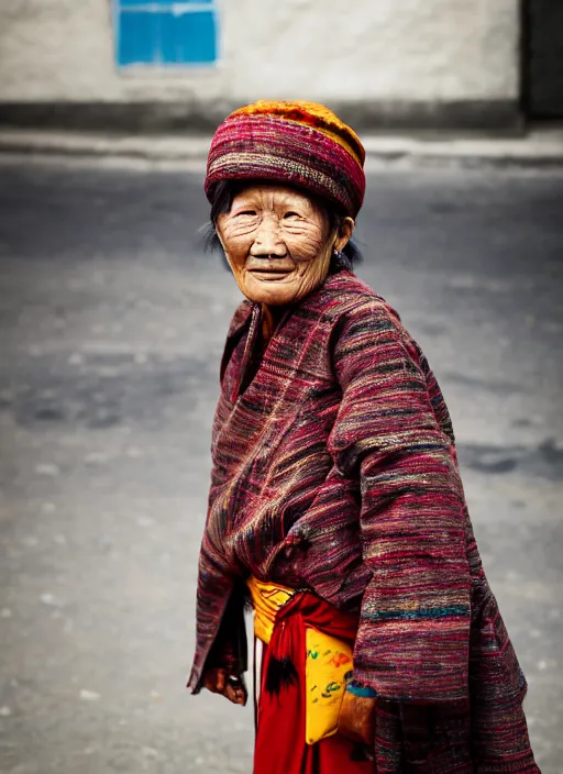 Prompt: Mid-shot portrait of a 70-year-old woman from Tibet wearing a traditional outfit, candid street portrait in the style of Martin Schoeller award winning, Sony a7R