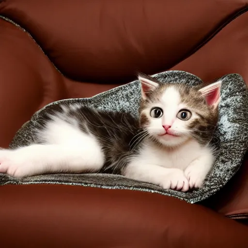 Image similar to a kitten with a cape floating through galaxies of space on a recliner chair