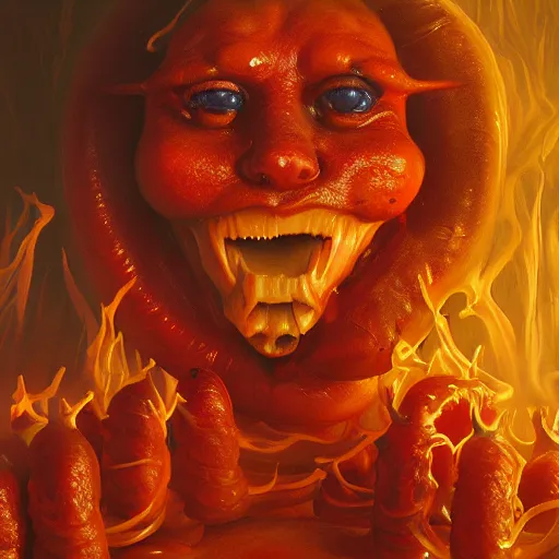 Image similar to photorealistic rendering of demonic hotdog man the style of michael whelan and gustave dore. hyperdetailed photorealism by greg rutkowski, 1 0 8 megapixels, cinematic lighting.