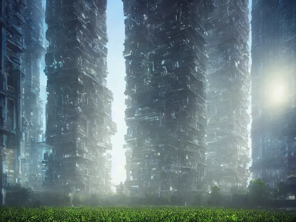 Image similar to futuristic vertical farm growing food in a cyberpunk high rise, 3 point perspective, atmospheric, morning light, foggy, ultra - hd, ultra - realistic