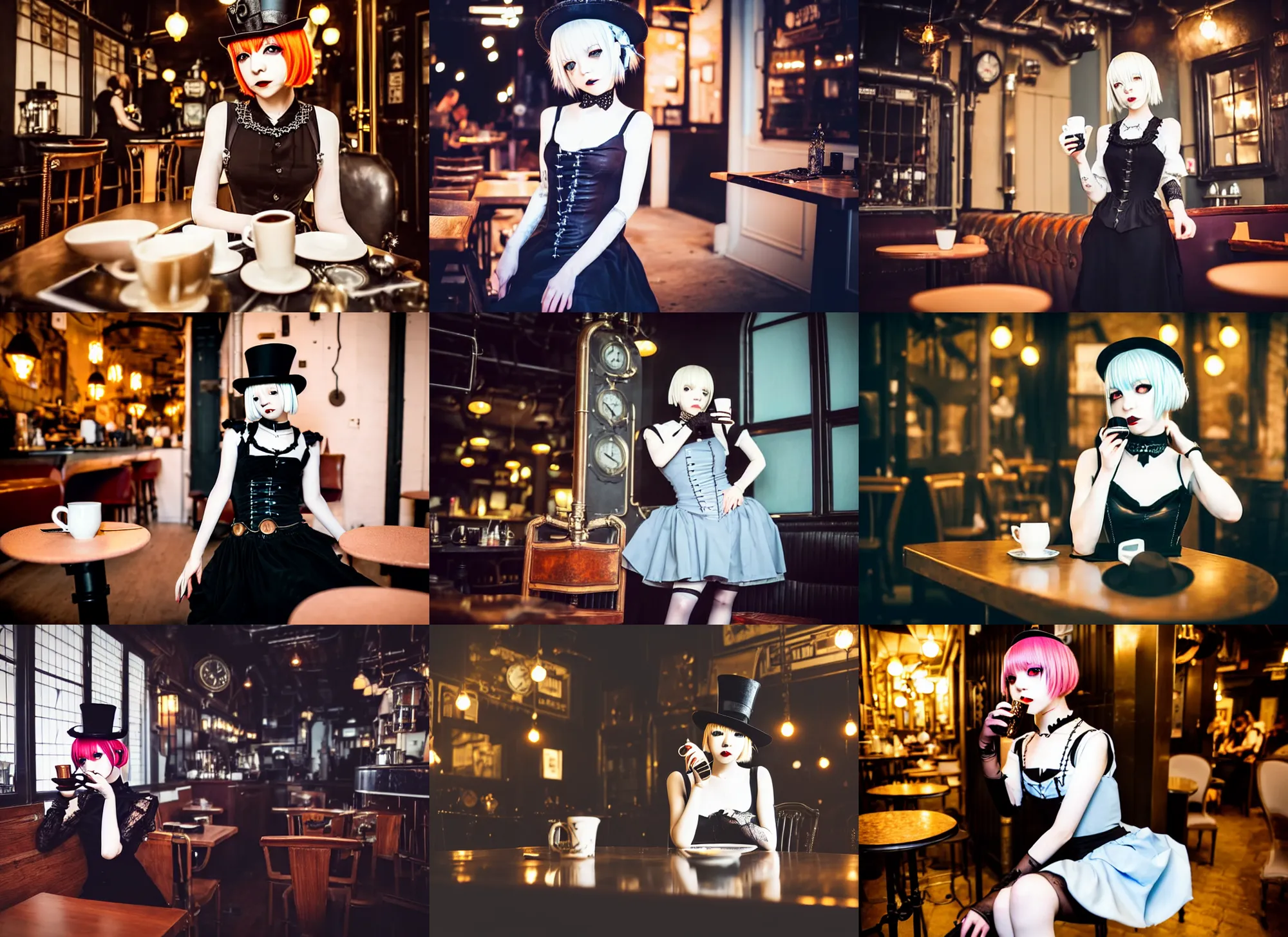 Image similar to full body portrait photo of reol wearing a elegant gothic dress, open top, wearing a tiny tophat, drinking coffee in a ( ( busy ) ) steampunk cafe interior, dim studio lighting, at night, ( ( photograph ) ), moody, realistic, detailed, low light, skin tinted a warm tone, light blue filter