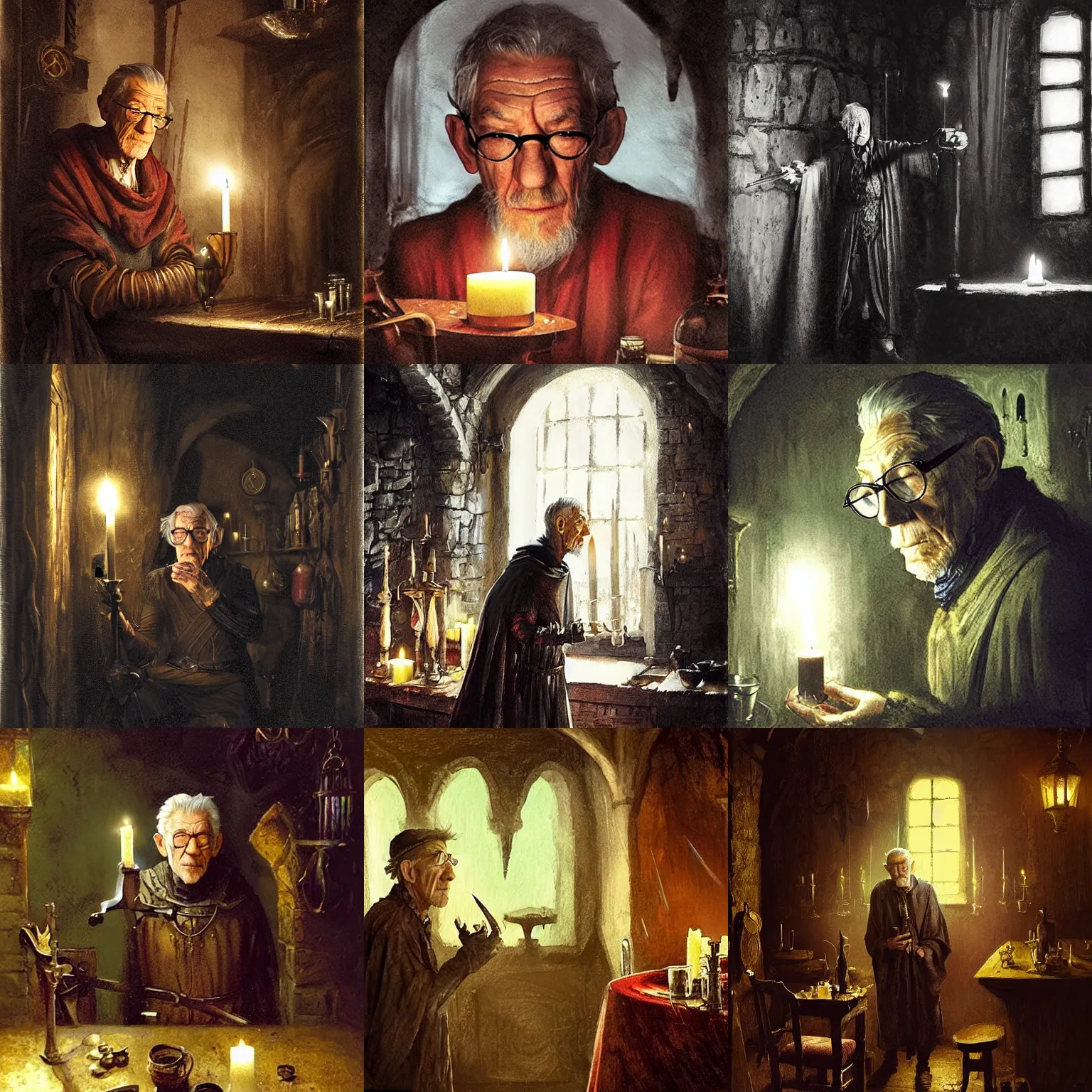 Prompt: skinny, cautious, paranoid 7 0 years old alchemist ( ian mckellen with a goatee and with scissor glasses ), looks around in a dark medieval inn. close up, dark shadows, colorful, candle light, law contrasts, fantasy concept art by jakub rozalski, jan matejko, and j. dickenson