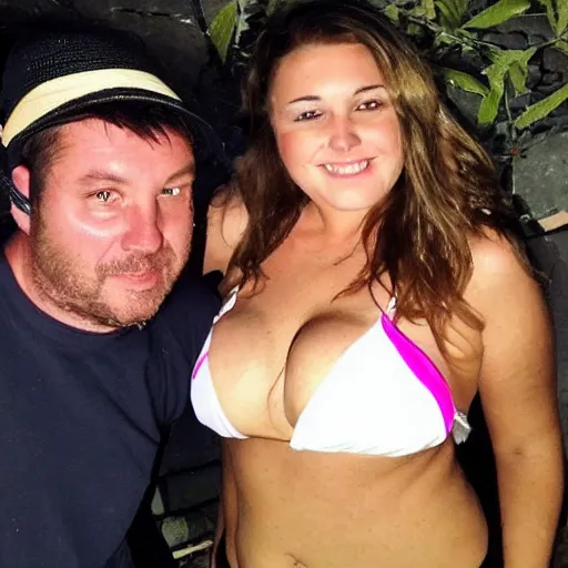 Image similar to photo of a 4 0 year old man that looks young for his age dating a very attractive 2 2 year old woman wearing a bikini. they are both drunk.