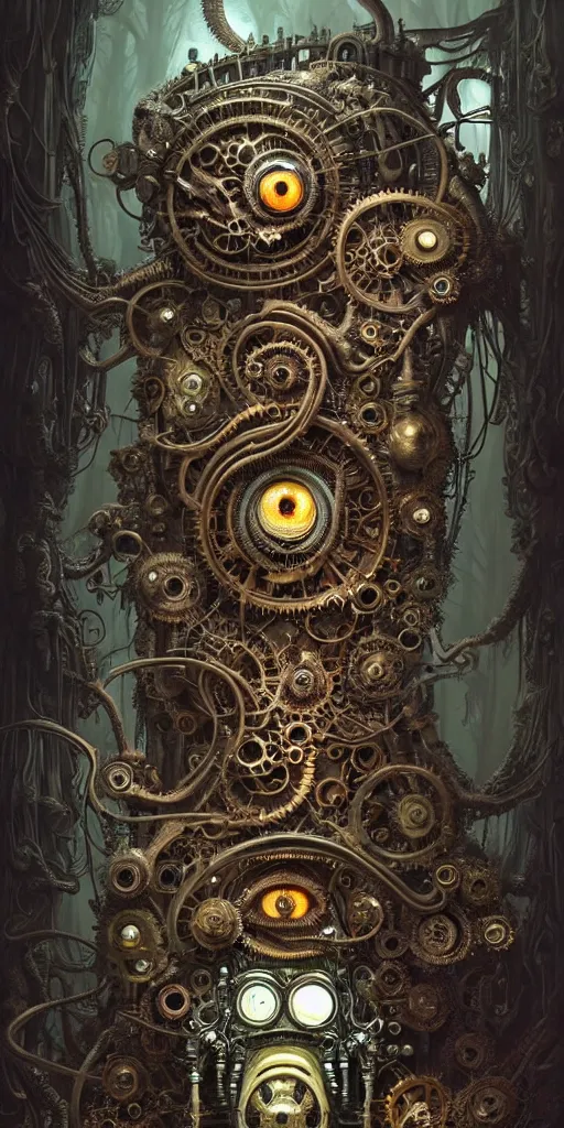 Image similar to biomechanical steampunk creature with robotic parts and big octopus head and (glowing) eyes guarding an ancient chest in a mystic forest, gothic and baroque, brutalist architecture, ultradetailed, creepy ambiance, artgerm, giger, Intricate by Ellen Jewett and Josan Gonzalez and Giuseppe Arcimboldo