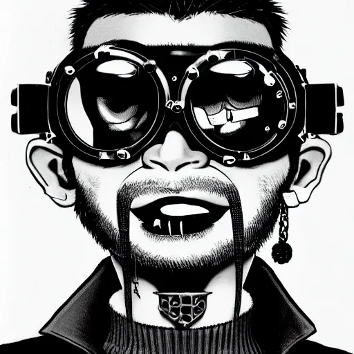 Image similar to close up portrait of a cyberpunk goth guy wearing goggles and eccentric jewelry, by jamie hewlett, jamie hewlett art,