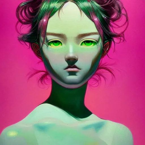 Image similar to prompt : pink and green portrait soft light painted by james jean and katsuhiro otomo and erik jones, inspired by evangeleon anime, smooth face feature, intricate oil painting, high detail illustration, sharp high detail, manga and anime 1 9 9 0