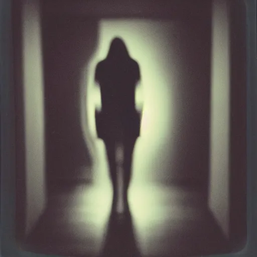 Image similar to dark, scary human figure standing ominously in a hallway, backlit by soft lights, dark, mysterious, creepy, photo taken on Polaroid camera