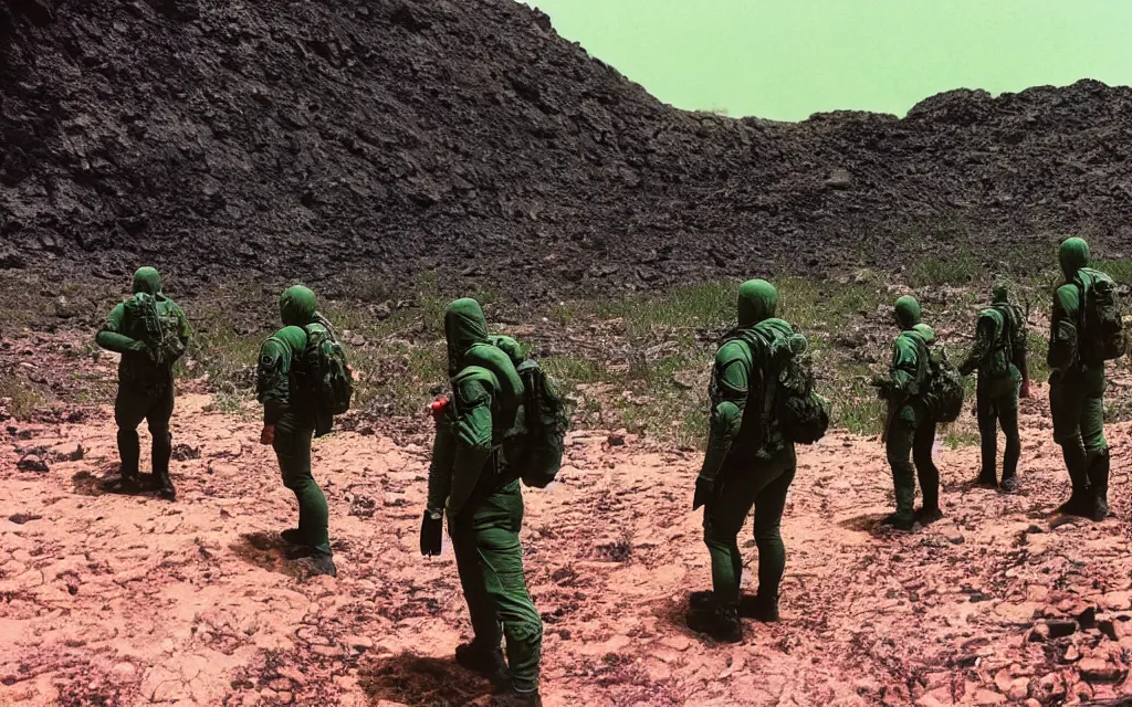 Prompt: a team of five people in dark green tactical gear like death stranding, look at an oasis in the distance. They 're afraid. dusty, red, mid day, heat shimmering, color, 35mm film