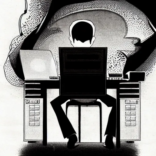 Image similar to a goth computer nerd sitting in front of computer screen, by mike deodato, small details, aesthetic,