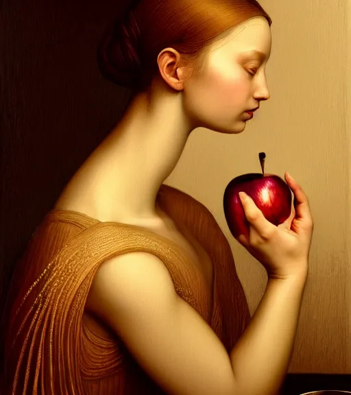 Image similar to portrait of a woman obscured partially by an apple sitting upon a table with heightened detail, poised, intense emotion, detailed facial expression, detailed surroundings, intricate, elegant, highly detailed, centered, digital painting, artstation, concept art, smooth, sharp focus, illustration, by ( leonardo da vinci ), wlop