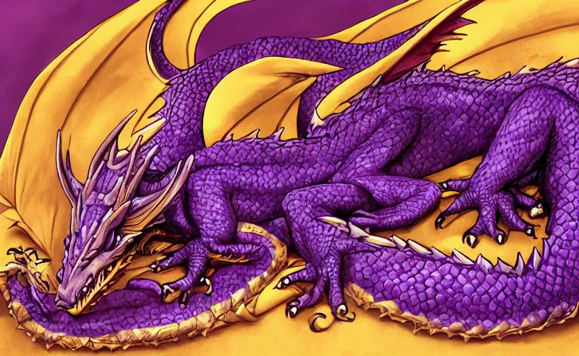 Image similar to a purple and gold dragon laying on its back, relaxing dragon, detailed digital art, artstation