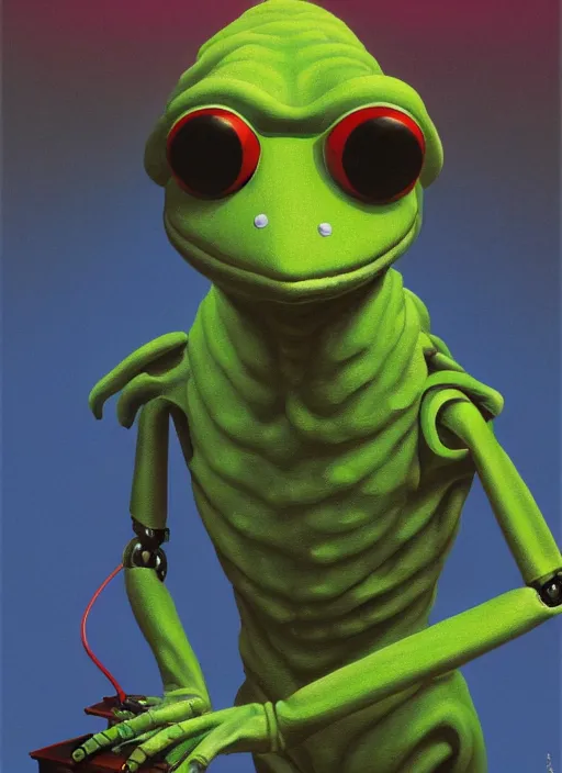 Prompt: portrait of Kermit the frog robot, detailed, coherent, painted by Edward Hopper, Wayne Barlowe, James Gilleard, airbrush, art by James Jean