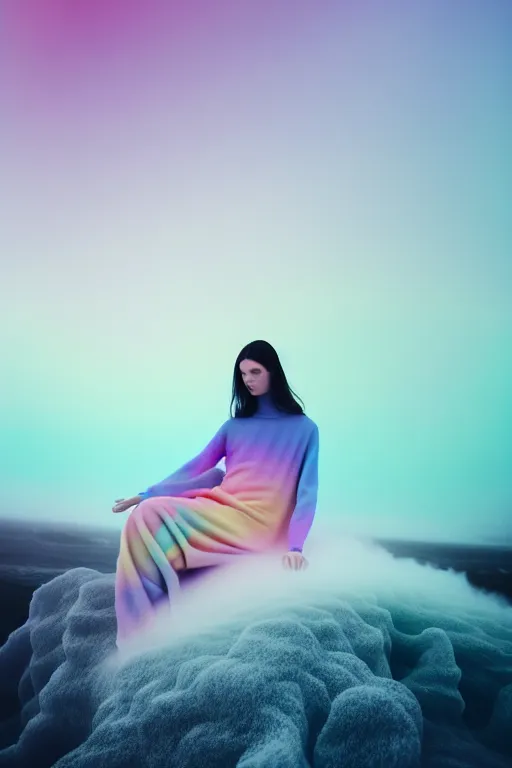 Image similar to high quality pastel coloured film close up wide angle photograph of a model wearing clothing resting on cloud furniture in a icelandic black rock!! environment in a partially haze filled dreamstate world. three point light, rainbow. photographic production. art directed. pastel colours. volumetric clouds. pastel gradient overlay. waves glitch artefacts. extreme facial clarity. 8 k. filmic.